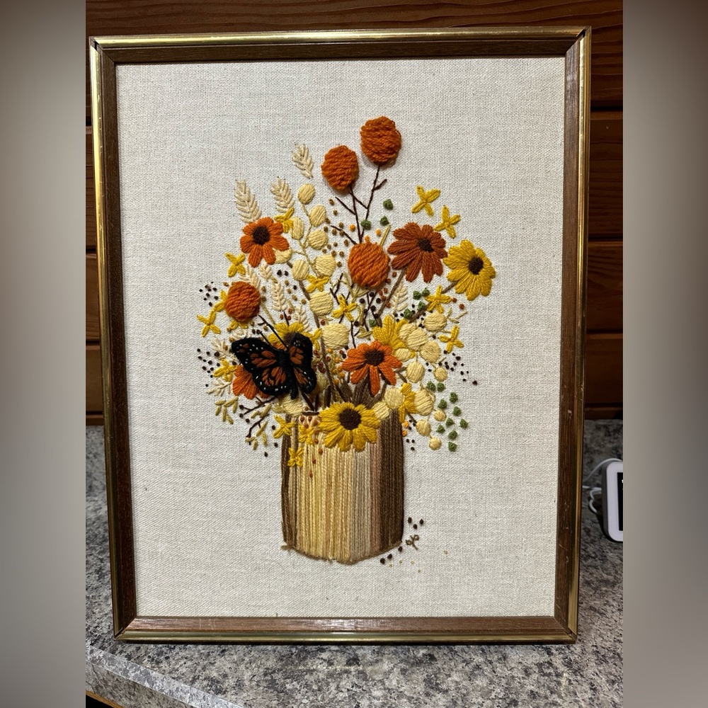 Vtg Floral Butterfl 3D Crewel Flower Bouquet Vase  70s Handmade